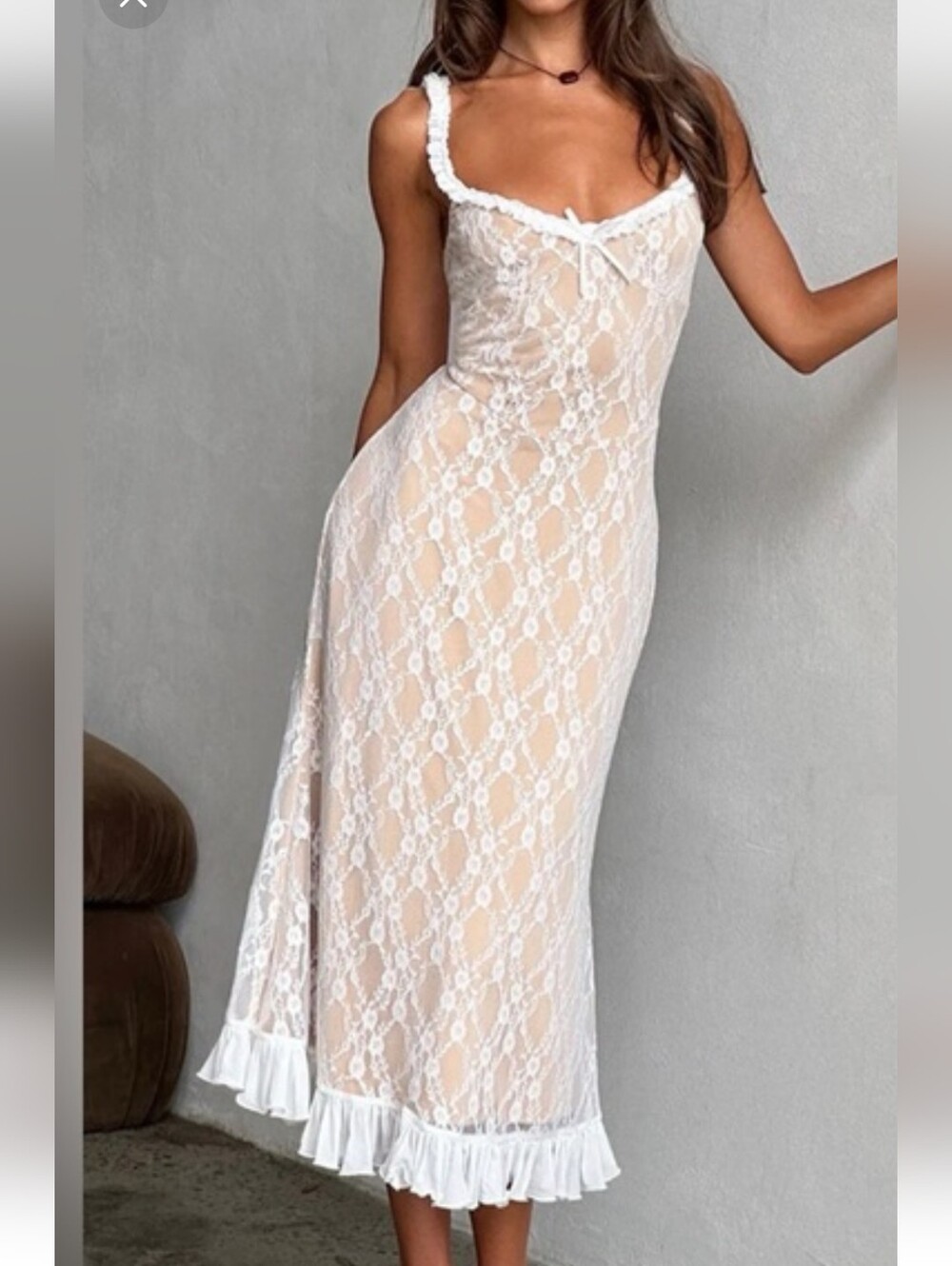 Commense White Sheer Lace Slip Dress with Ruffle Hem